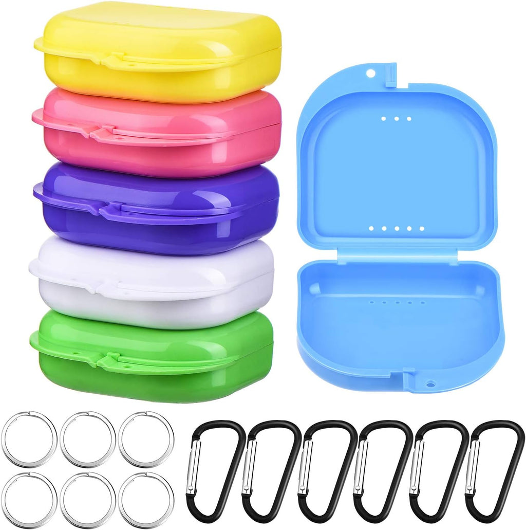 6 Pieces Retainer Cases Mouth Guard Container Case Multicolor Orthodontic Denture Storage Boxes with D-Shaped Buckles and Keychain Rings