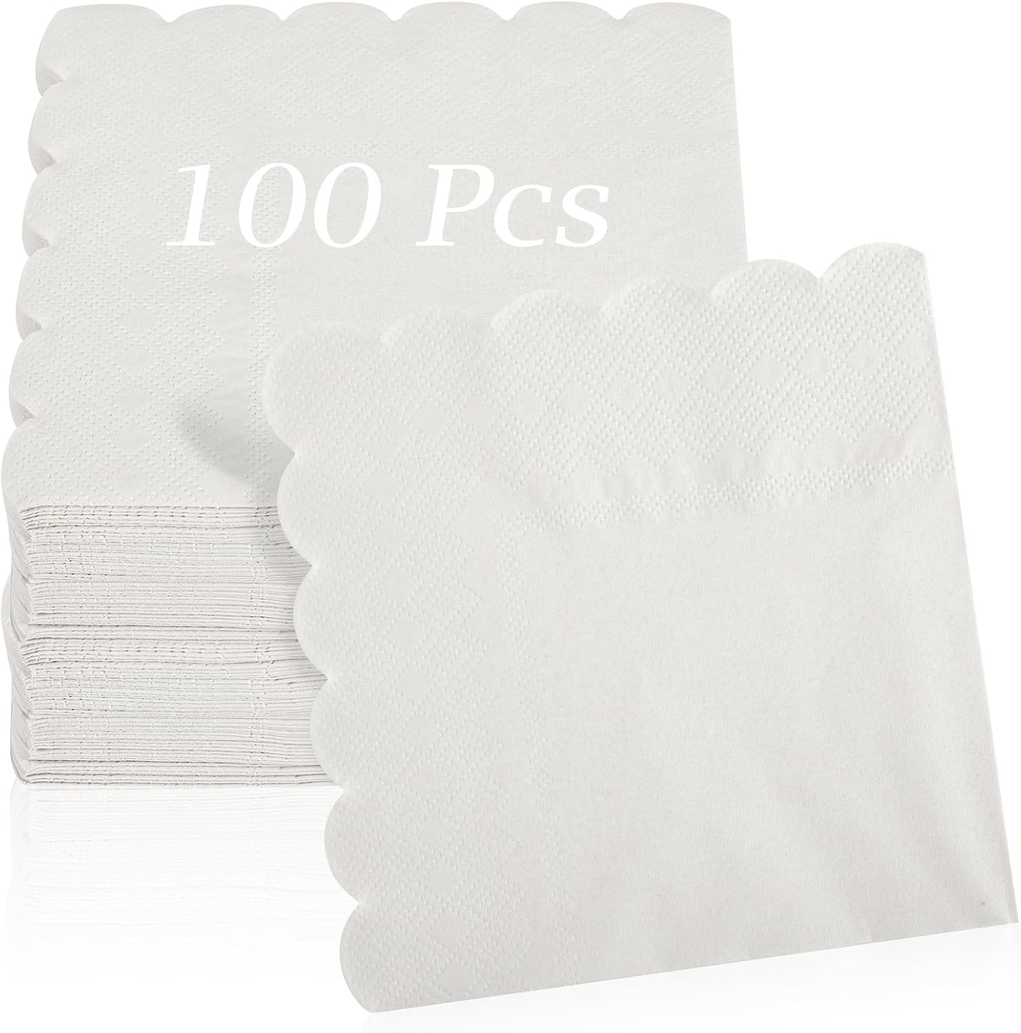 100 Pcs Cocktail Napkins, 2-Ply 5 x 5 Inches Disposable Scalloped Napkins, Thick Premium Dessert Napkins for Party, Wedding, Dinner, Birthday, Anniversary, Festival (White)