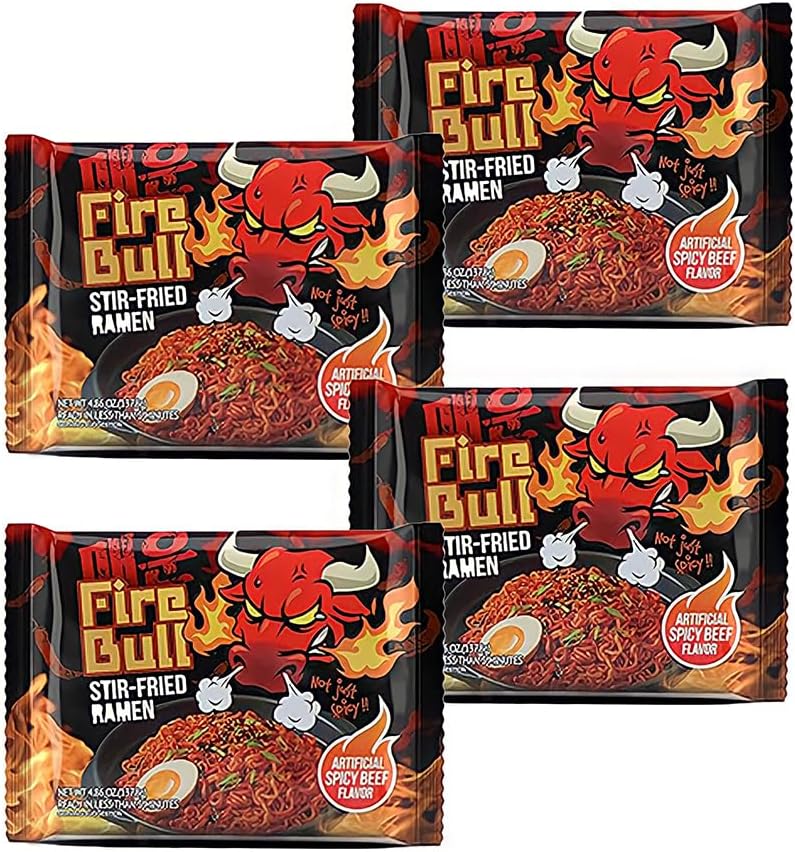 [Fire Bull Ramen] Intense Spicy Stir-Fried Ramen | Authentic Korean Heat Meets Flavorful Delight | Thick, Chewy Noodles | Quick & Easy Meal (4 Pouches)