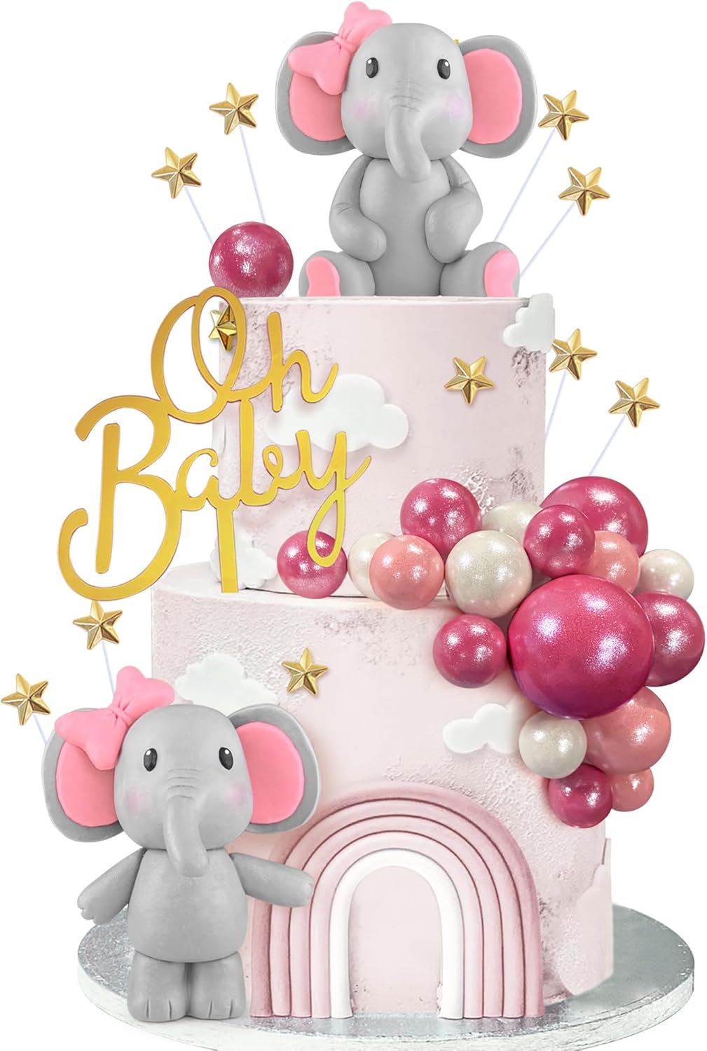 38 PCS Elephant Cake Decoration Cute Baby Elephant Cake Decorations Oh Baby Cake Topper Star Cake Topper Pink Pearl Balls Cake Picks for Baby Shower Girl Elephant Theme Party Supplies