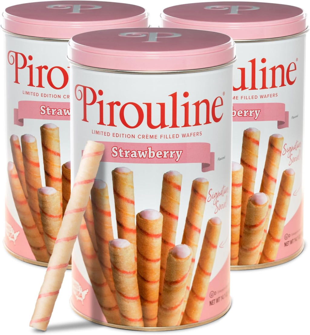 Pirouline Rolled Wafers – Strawberry – Rolled Wafer Sticks, Crème Filled Wafers, Rolled Cookies for Coffee, Tea, Ice Cream, Snacks, Parties, Gifts, and More – 14.1oz Tin 3 Pack