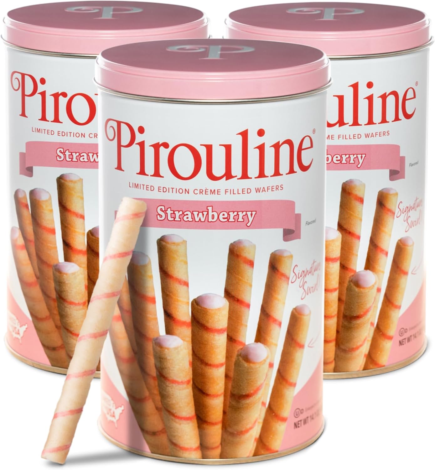 Pirouline Rolled Wafers – Strawberry – Rolled Wafer Sticks, Crème Filled Wafers, Rolled Cookies for Coffee, Tea, Ice Cream, Snacks, Parties, Gifts, and More – 14.1oz Tin 3 Pack