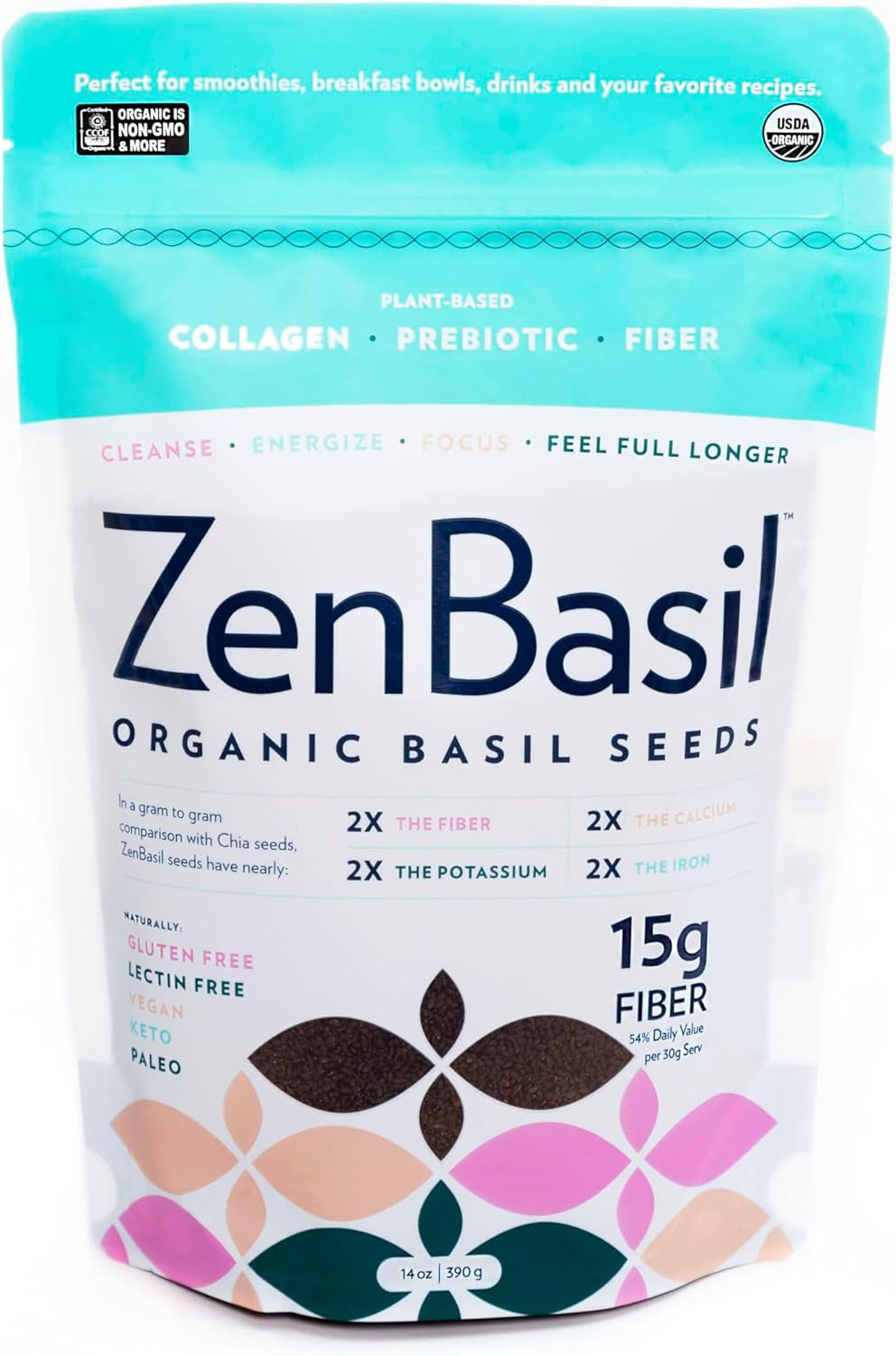 Zen Basil Seeds | edible basil seeds, kosher, non-gmo, lectin free, gluten free, plant based, keto, paleo, vegan | 15g fiber per/serv | 14oz | more fiber than chia seeds | prebiotic