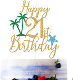 Gold Glitter Happy 21st Birthday Cake Topper, Summer Beach 21st Birthday Cake Décor, Hawaiian Aloha Weekends Party Decorations Supplies