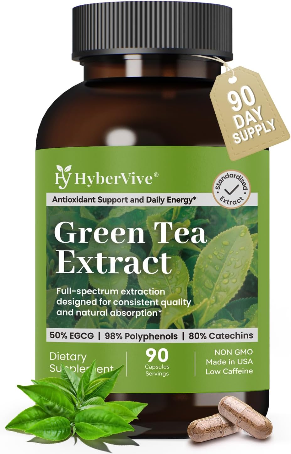 Green Tea Extract 450MG, High-Potency 50% EGCG (Standardized), 98% Polyphenols & 80% Catechins, Antioxidant & Metabolic Support, Naturally Low in Caffeine, Non-GMO, Made in USA, 90 Capsules