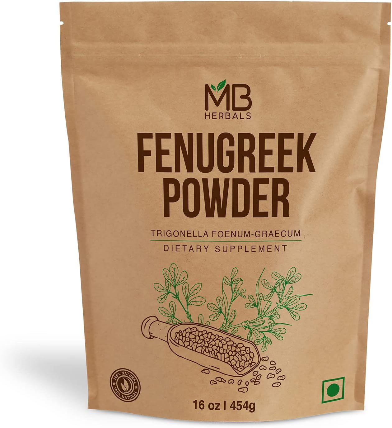 MB Herbals Fenugreek Seeds Powder 1 Pound | 16 oz / 454 Gram | Organically Grown Fenugreek | Trigonella foenum-graecum Sd. | Methi Powder