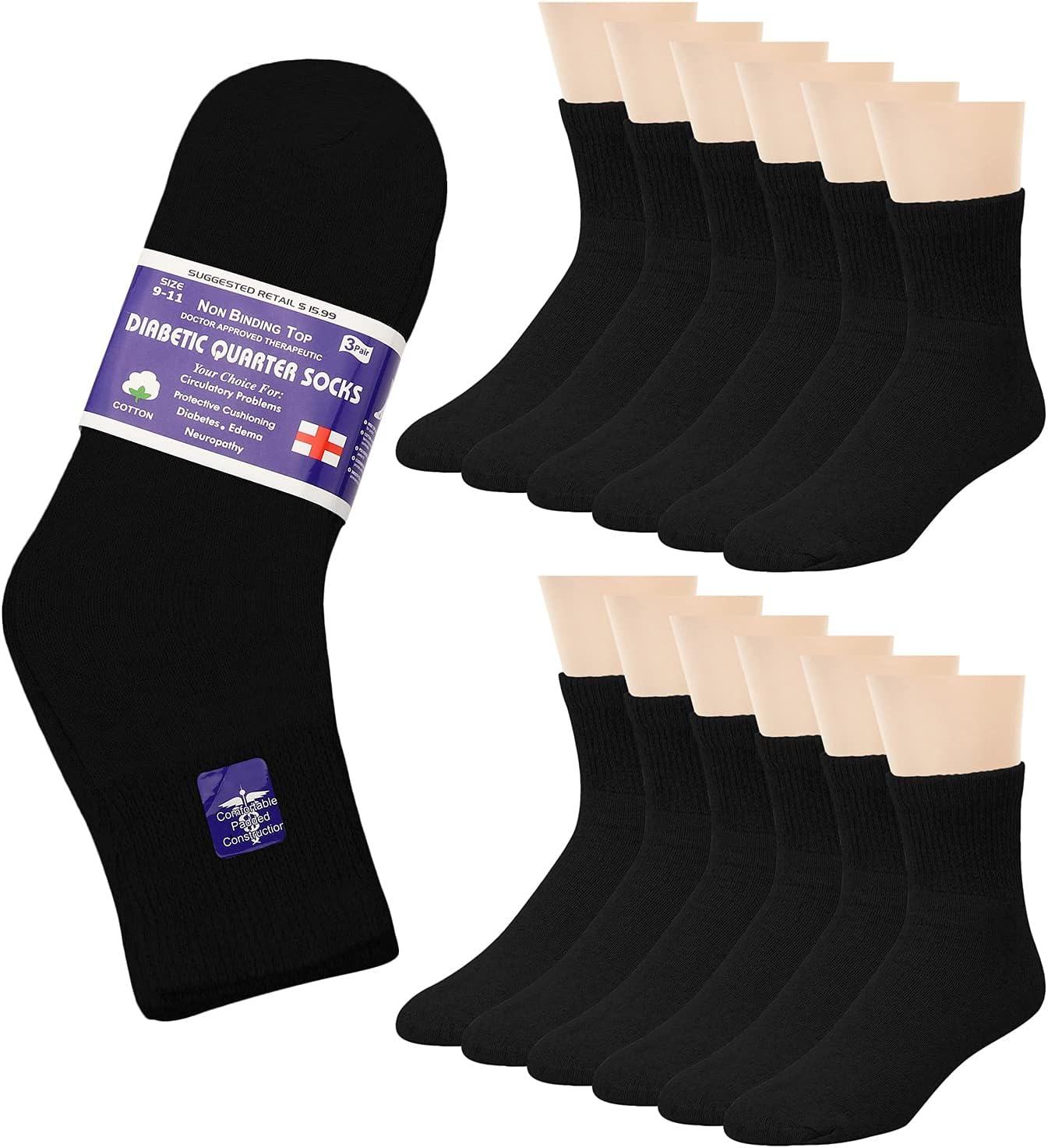 Falari 12-Pack Diabetic Socks Quarter Ankle Unisex Physicians Approved Socks (10-13, Black)