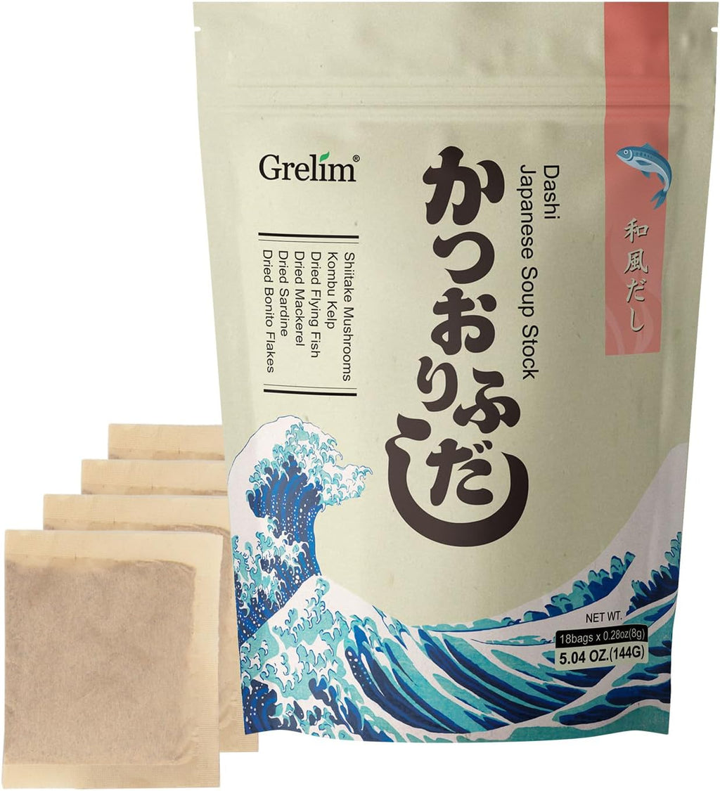 Grelim Dashi Stock Japan Dashi Soup 18 Packets, Natural Domestic Ingredients, Additive Free, MSG Free, Made in Japan Extremely Tasty 8g x 18 Pacs 5.04 Oz