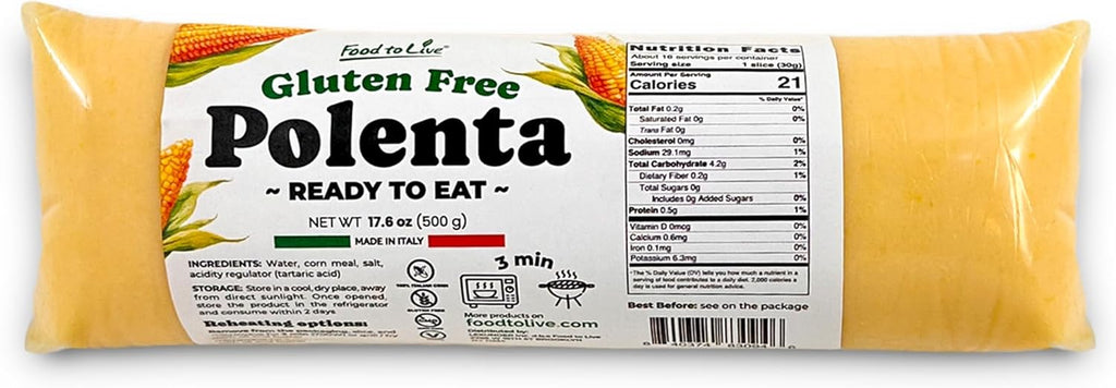 Food To Live Gluten-Free Polenta Ready To Eat, 17.6oz (500g) – Traditional Italian Pre-cooked Yellow Cornmeal, Alternative to Pasta or Rice, Vegan (Pack of 1)