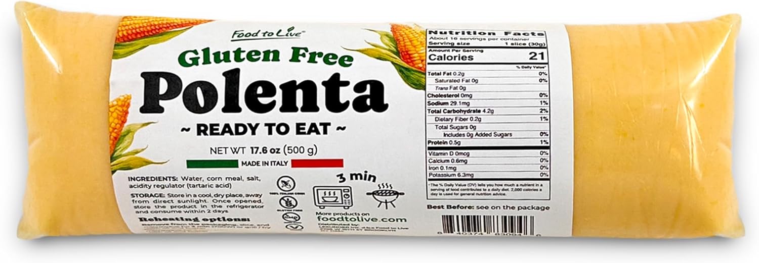 Food To Live Gluten-Free Polenta Ready To Eat, 17.6oz (500g) – Traditional Italian Pre-cooked Yellow Cornmeal, Alternative to Pasta or Rice, Vegan (Pack of 1)
