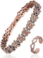 Copper Bracelet and Ring Set for Women, 99.99% Pure Copper Magnetic Bracelet with Butterfly Design & Matching Adjustable Heart Ring – 3800 Gauss Magnets, Includes Sizing Tool & Gift Box
