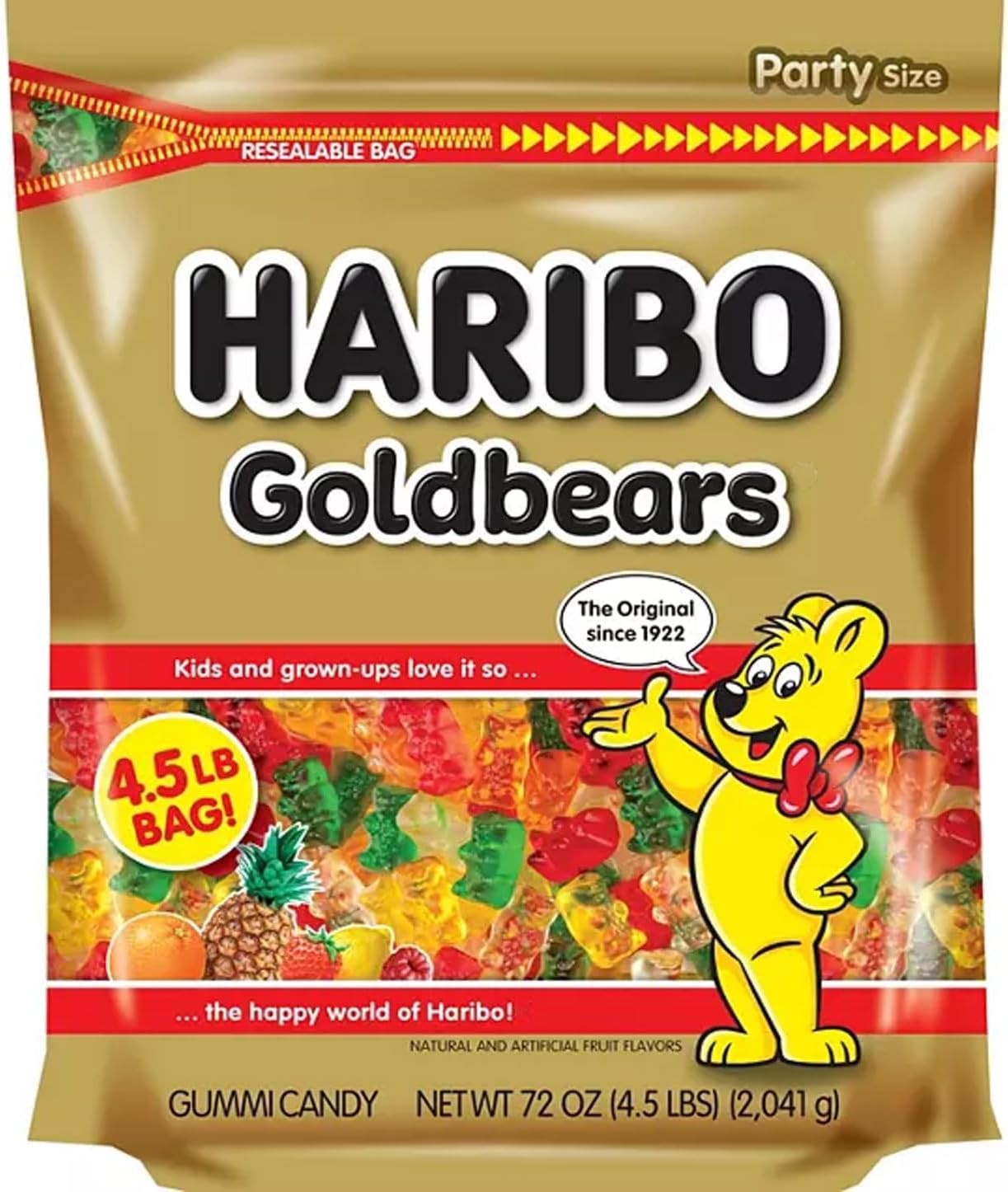 HARIBO Gummi Candy, Original Goldbears Gummy Bears, 72 Ounce Resealable Party Size Bag, Delicious Soft & Chewy Sweet Snacks, Assorted Fruity Flavors