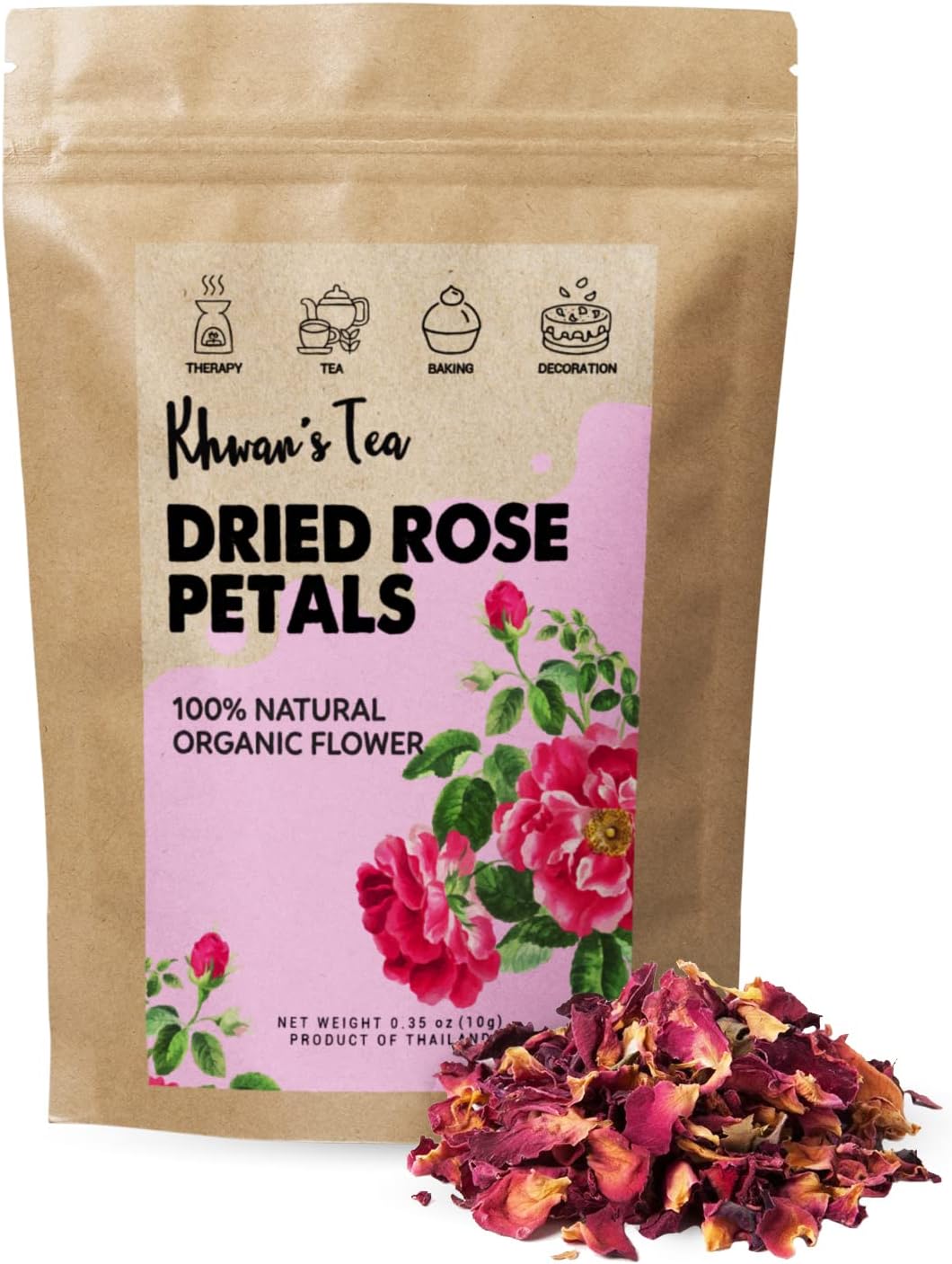 KHWAN'S TEA Premium Dried Rose Petals - Plant-based & Edible Flowers for Baking Decoration, Desserts, Syrup, DIY Crafts, Candle, Bath & Fragrant Soap - Herbal Tea, 0.35oz (10g)