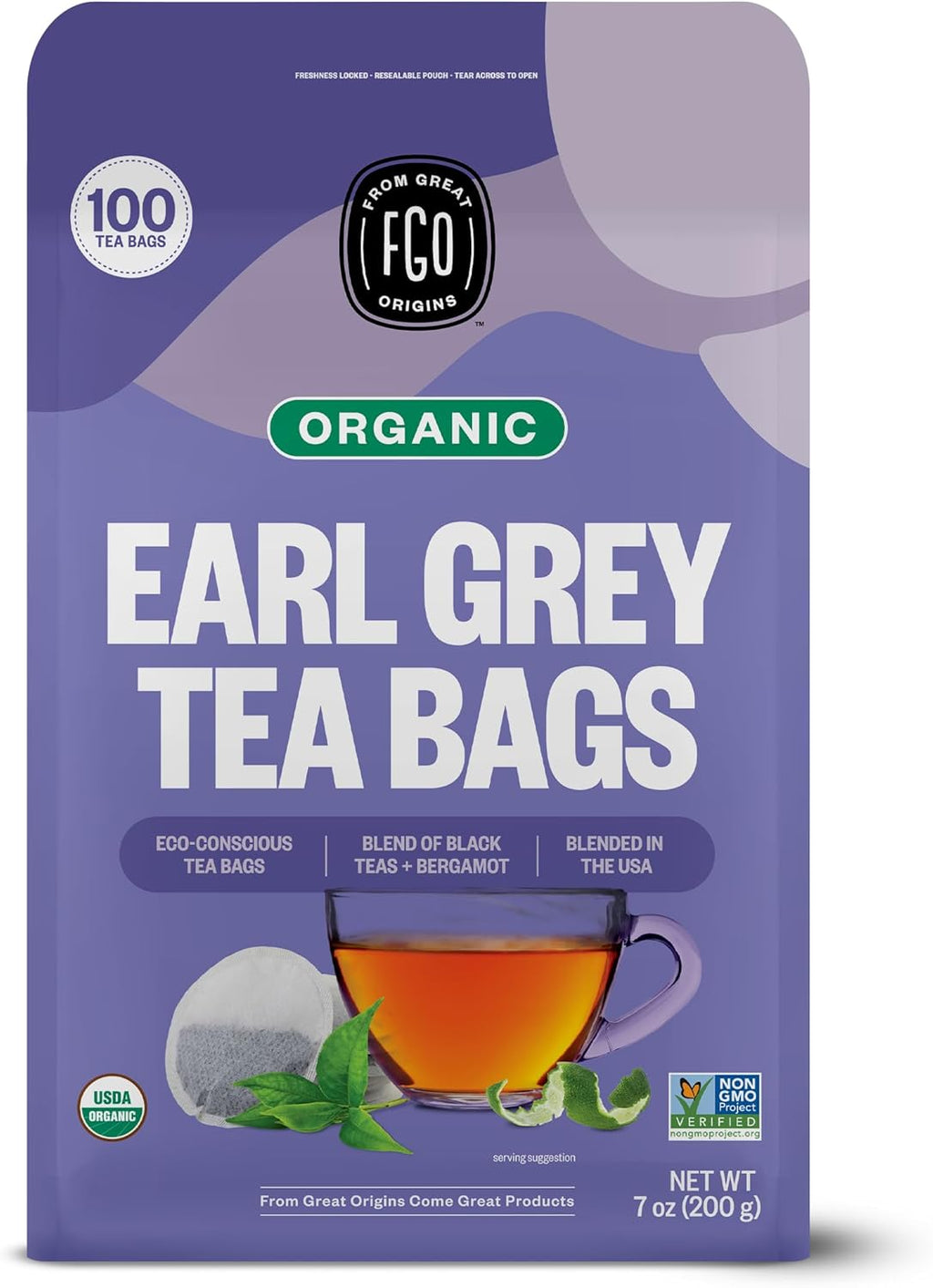 FGO Organic Earl Grey Black Tea, 100 Count, Eco-Conscious Tea Bags, Resealable Bag, Packaging May Vary (Pack of 1)