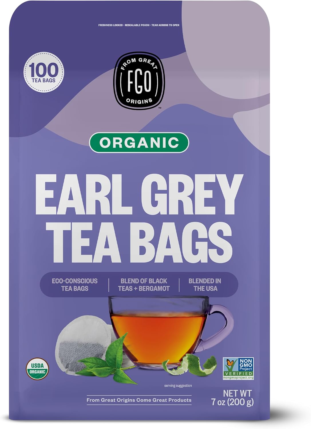 FGO Organic Earl Grey Black Tea, 100 Count, Eco-Conscious Tea Bags, Resealable Bag, Packaging May Vary (Pack of 1)