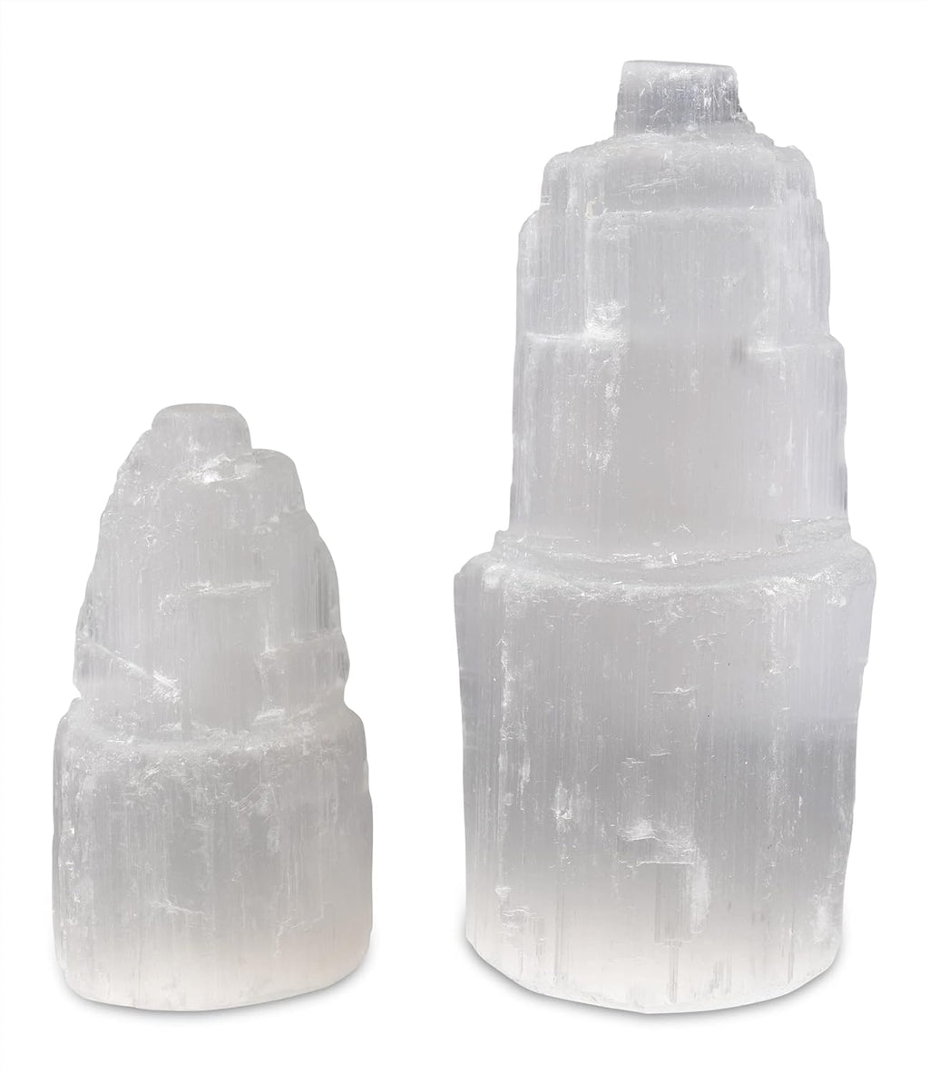 Wish Well 2 Piece Selenite Tower – 4” and 2.5” Selenite Crystal Tower – Mined and Crafted in Morocco – Ideal for Cleansing and Recharging Crystals and Healing Stones