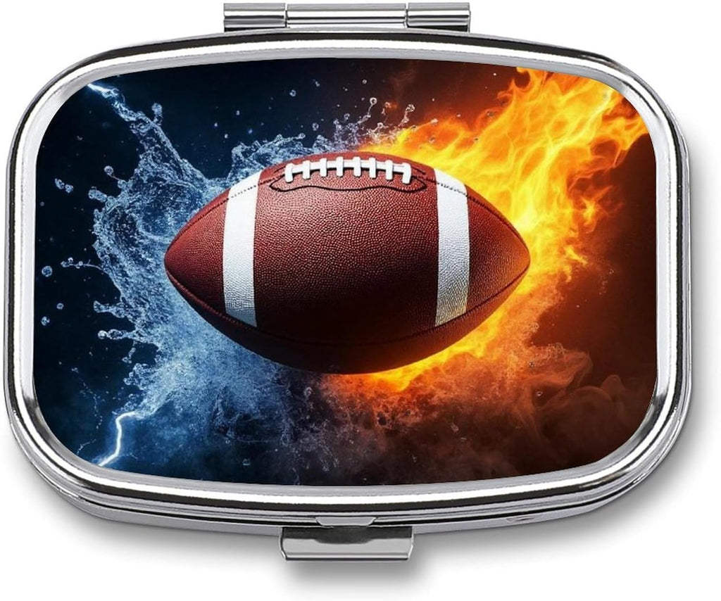 Pill Case Compatible with Flying Flaming American Football Ball Pill Box with Mirror Retro Pocket 2 Compartment Medicine Case Vitamin Pill Organizer for Pocket Purse and Travel Gifts