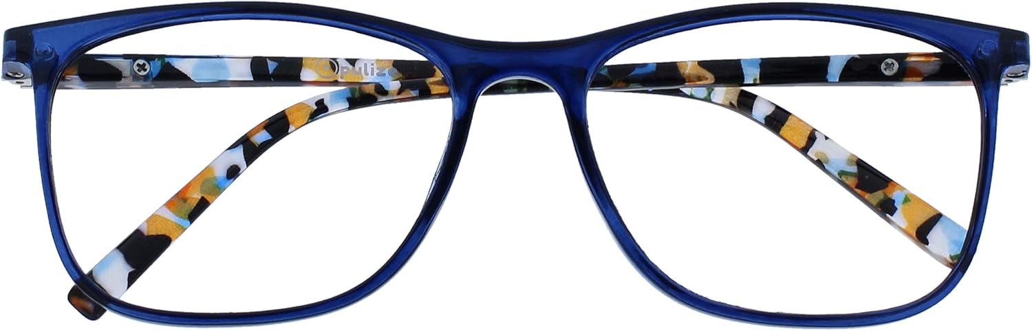 OPULIZE ARC Large Reading glasses for Women Men,Scratch Resistant Rectangular frame with Spring Hinges, Blue With Hand Finished Translucent Pattern Arms +2.5 (Pack of 1)