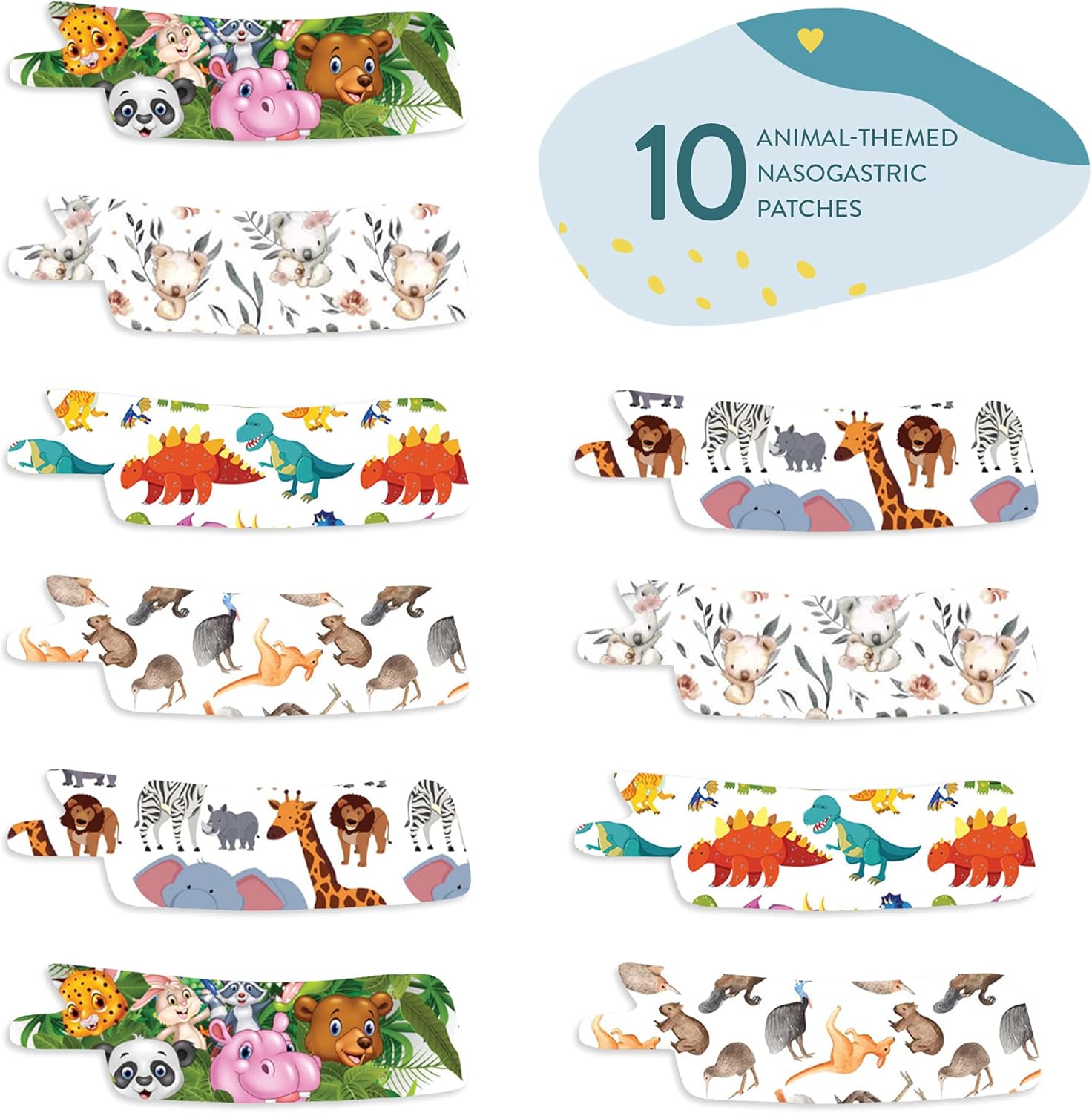Nasogastric or Oxygen Tube precut Adhesive Tape Animal Mix x 10 Pack. (Mix Pack)