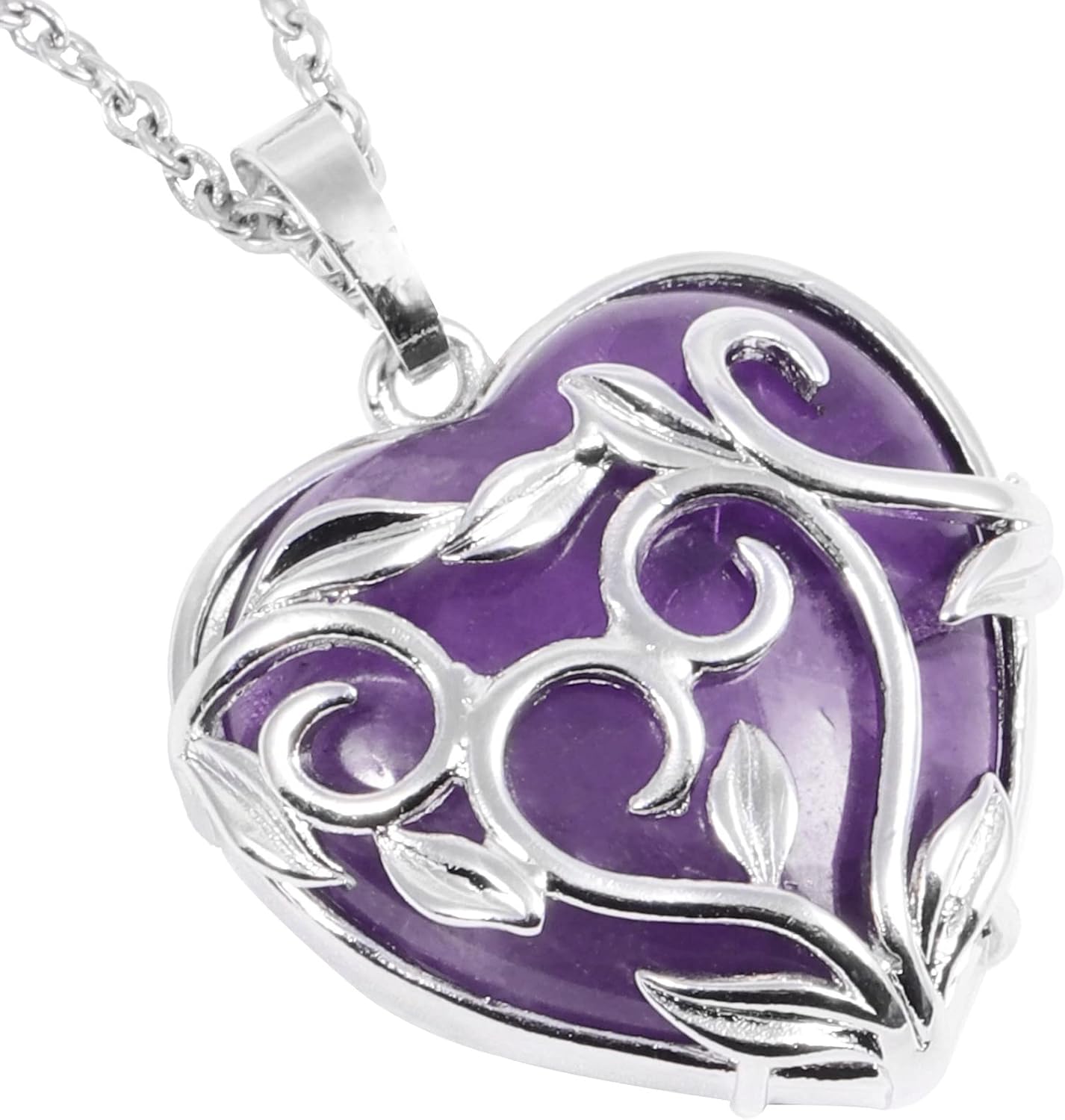 Nupuyai 2pcs Healing Amethyst Gemstone Pendant Heart Shaped Crystal Necklace for Women, Flower Leaf Wrapped Love Heart Quartz Stone Necklace