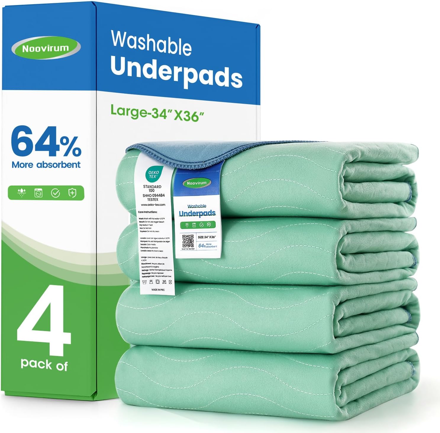Noovirum® Washable Underpads,34"x36" (Pack of 4) - Heavy Absorbency Incontinence Bed Pads for Adults, Kids & Pets - Waterproof Reusable Protective Pad for Bed, Sofa, Furniture & Floor