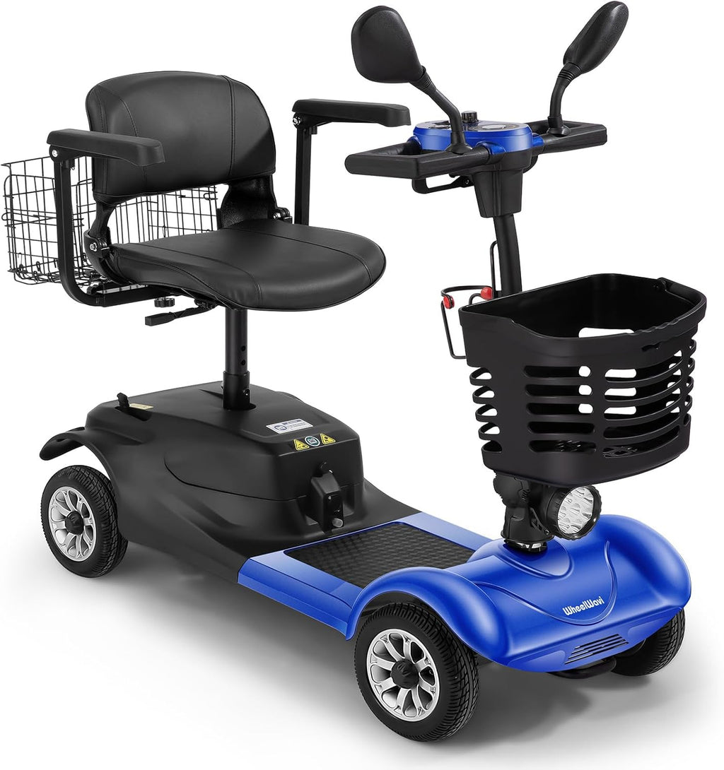 Powered Mobility Scooter, 4-Wheel Foldable Electric Scooter for Seniors & Adults – Heavy Duty Travel Model with 330 lbs Capacity, 350W Motor, Long-Lasting Battery, Front Basket & LED Lights-Blue