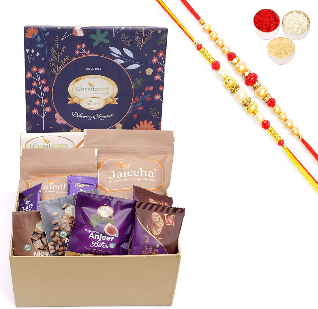Ghasitaram Gifts Jaiccha Rakhi Gifts for Brothers - Ghasitaram Hamper Box with Sweets with besan barfi with 2 Rakhis