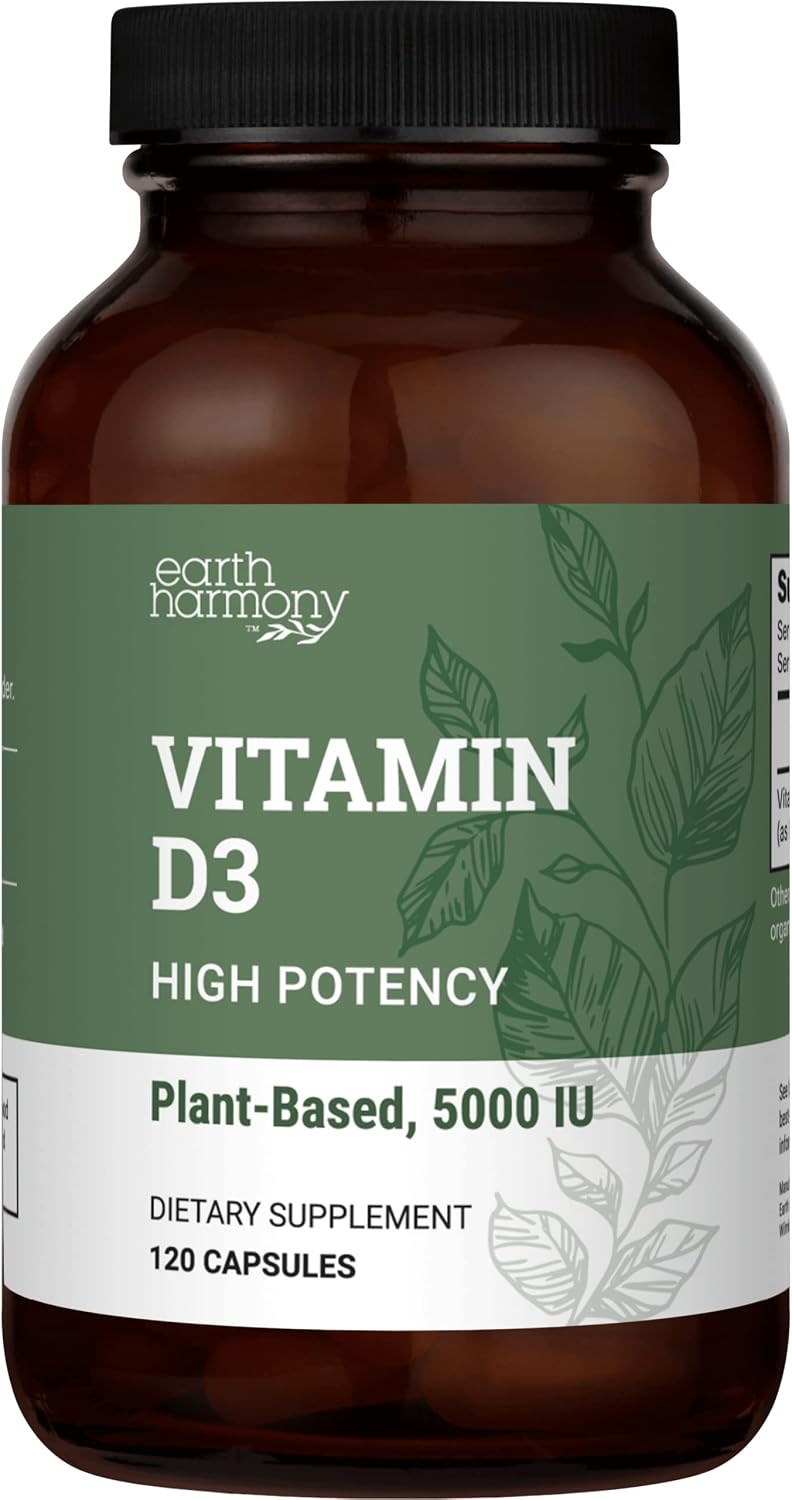 Earth Harmony Naturals Vegan Vitamin D3 5000 iu Supplement - Pure, High Potency Supplements for Immune Health & Strong Bones Support - Vitamin D 5000 iu - 120 Capsules, 4-Month Supply