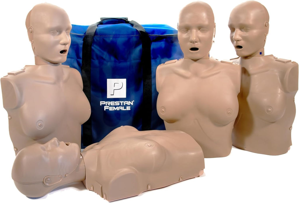 PRESTAN Professional Adult Female Manikin with CPR Feedback, 4-Pack (Dark Skin); Includes 50 Adult Face-Shield/Lung-Bags, Carry Bag and Instructions