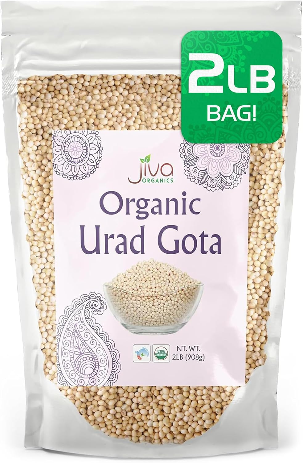 Jiva Organic Urad Gota 2 LB Bag (Whole Urid White) - Vegan, Non GMO