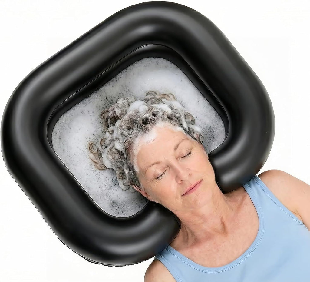 Inflatable Shampoo Basin, Portable Hair Washing Bowl with Drain Hose, Double-Layer Ergonomic Neck Support & Leak-Proof Design, for Bedridden, Disabled, Elderly and Pregnant Women (black）