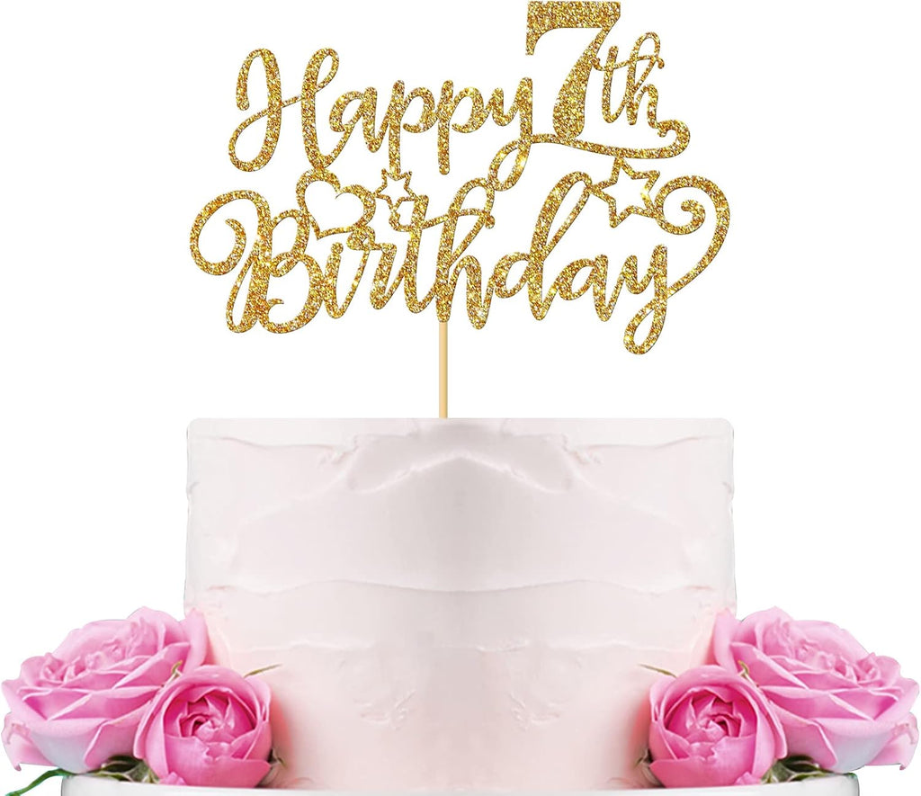 WeBenison Happy 7th Birthday Cake Topper Children's 7th Birthday Cake Topper Boy or Girl Seven Years Old Birthday Party Decorations Gold Glitter