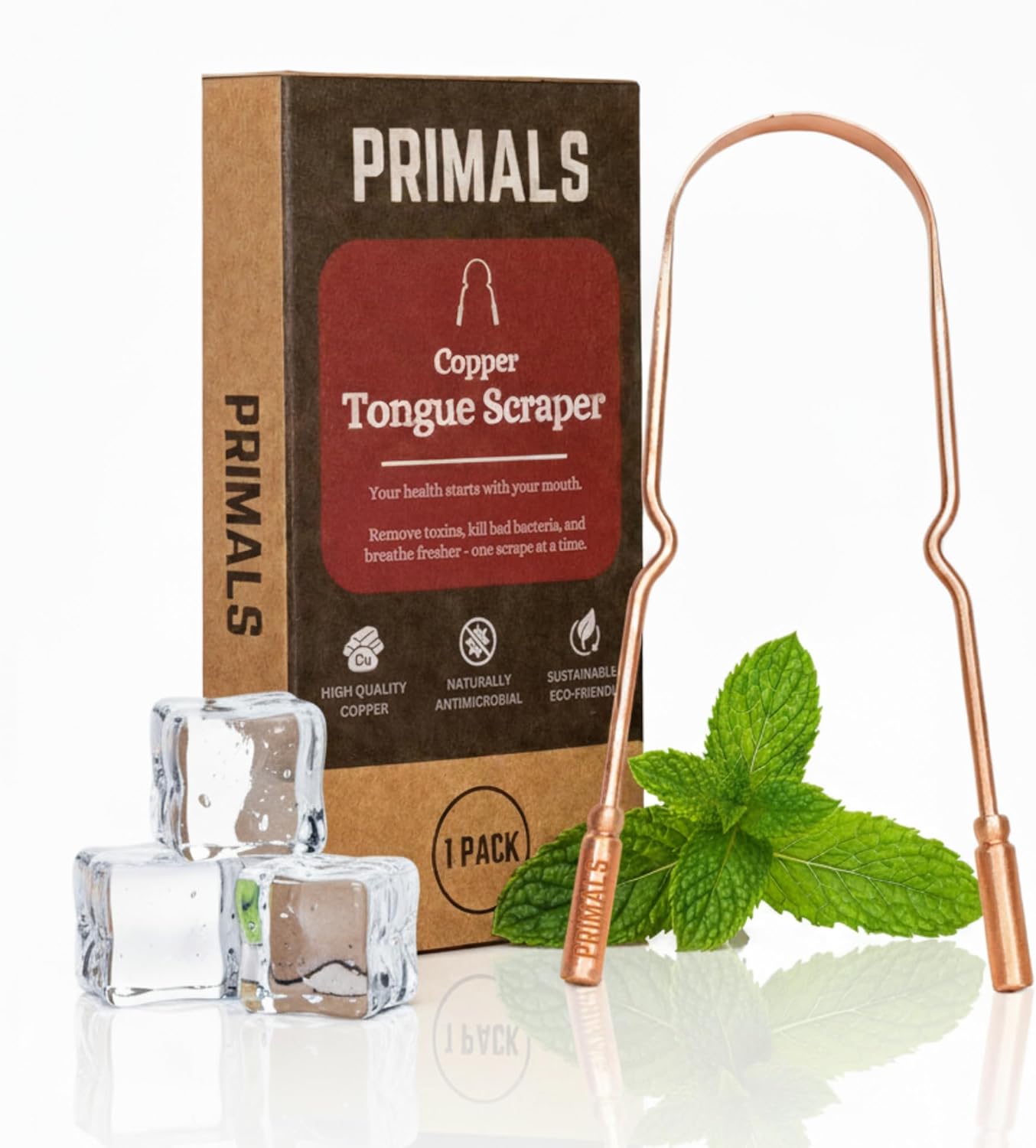 PRIMALS Copper Tongue Scraper - Fresher Breath & Improved Oral Health - Natural Ayurvedic Cleaner for Daily Detox - Rust-Resistant, Eco-Friendly with Travel Cloth Pouch Included (1 Count)