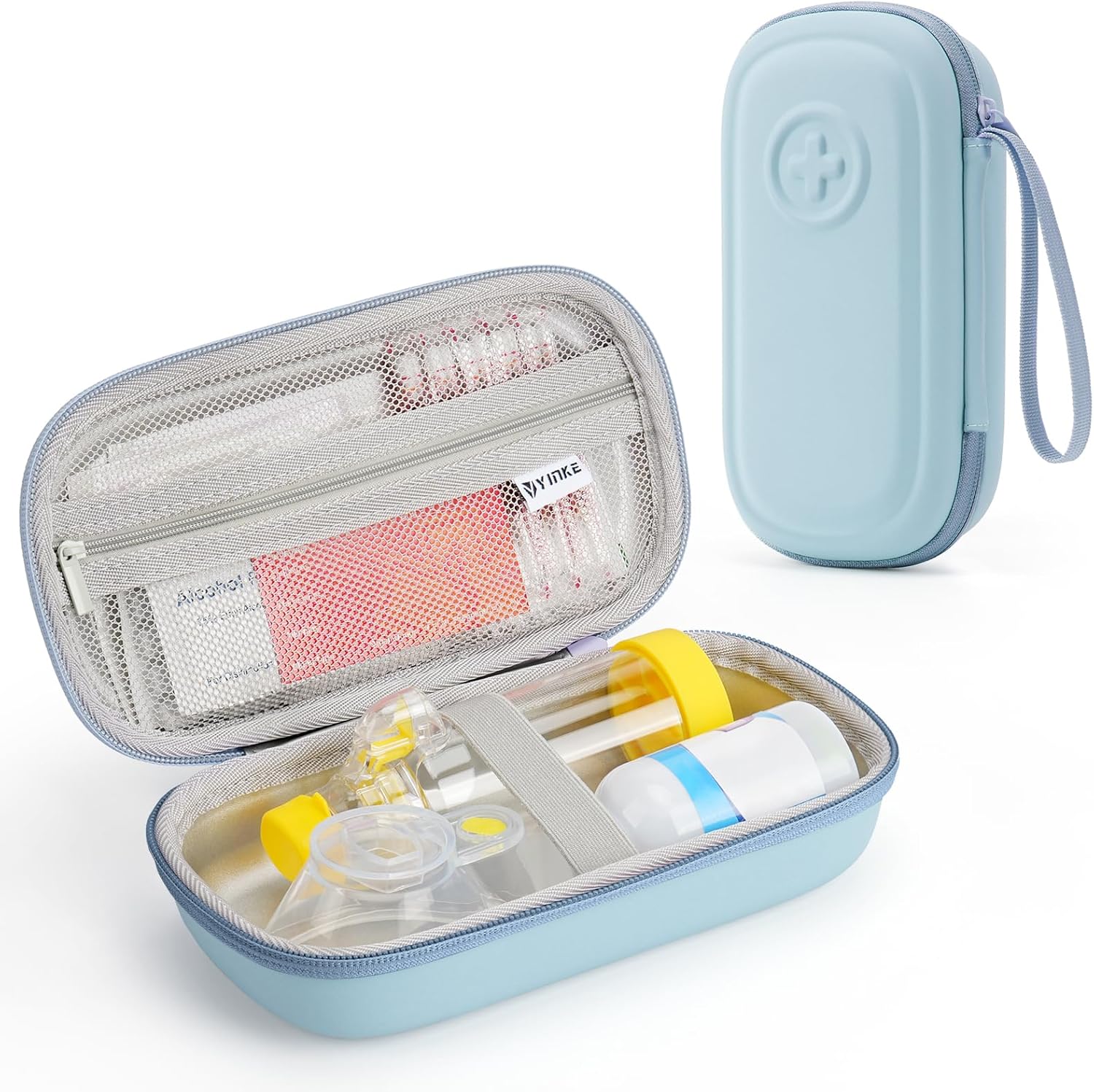 Asthma Inhaler Portable Case for Adults, Kids & Seniors - Multi-Zone Lining for Inhaler/Spacer/Emergency Meds, Waterproof PU & Travel-Ready with Mesh Pocket, Blue (Only Case)