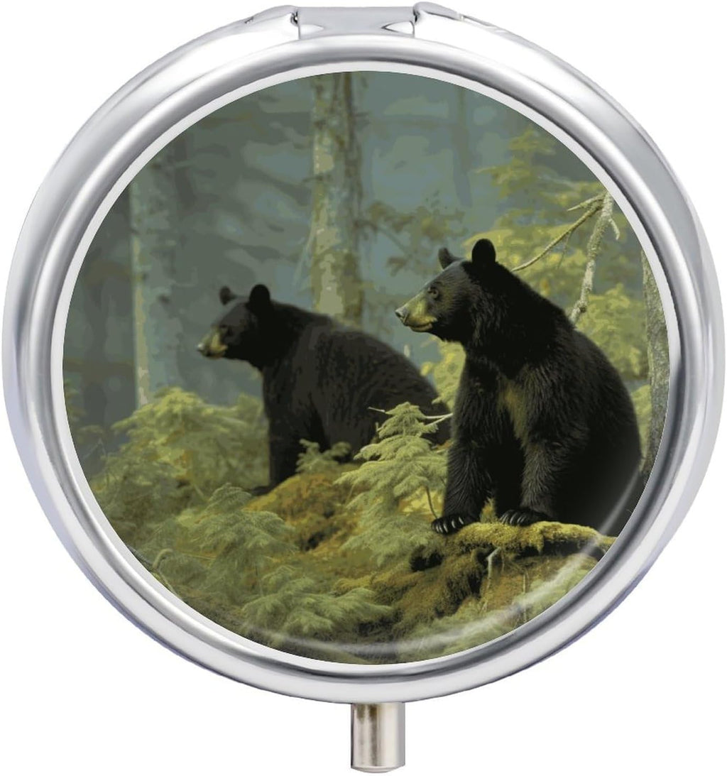 Round Pill Box 3 Compartment Black Bears Pill Case for Purse Pocket Portable Travel Pill Organizer Medicine Storage Box Small Metal Pill Container Holder to Hold Vitamins Fish Oil