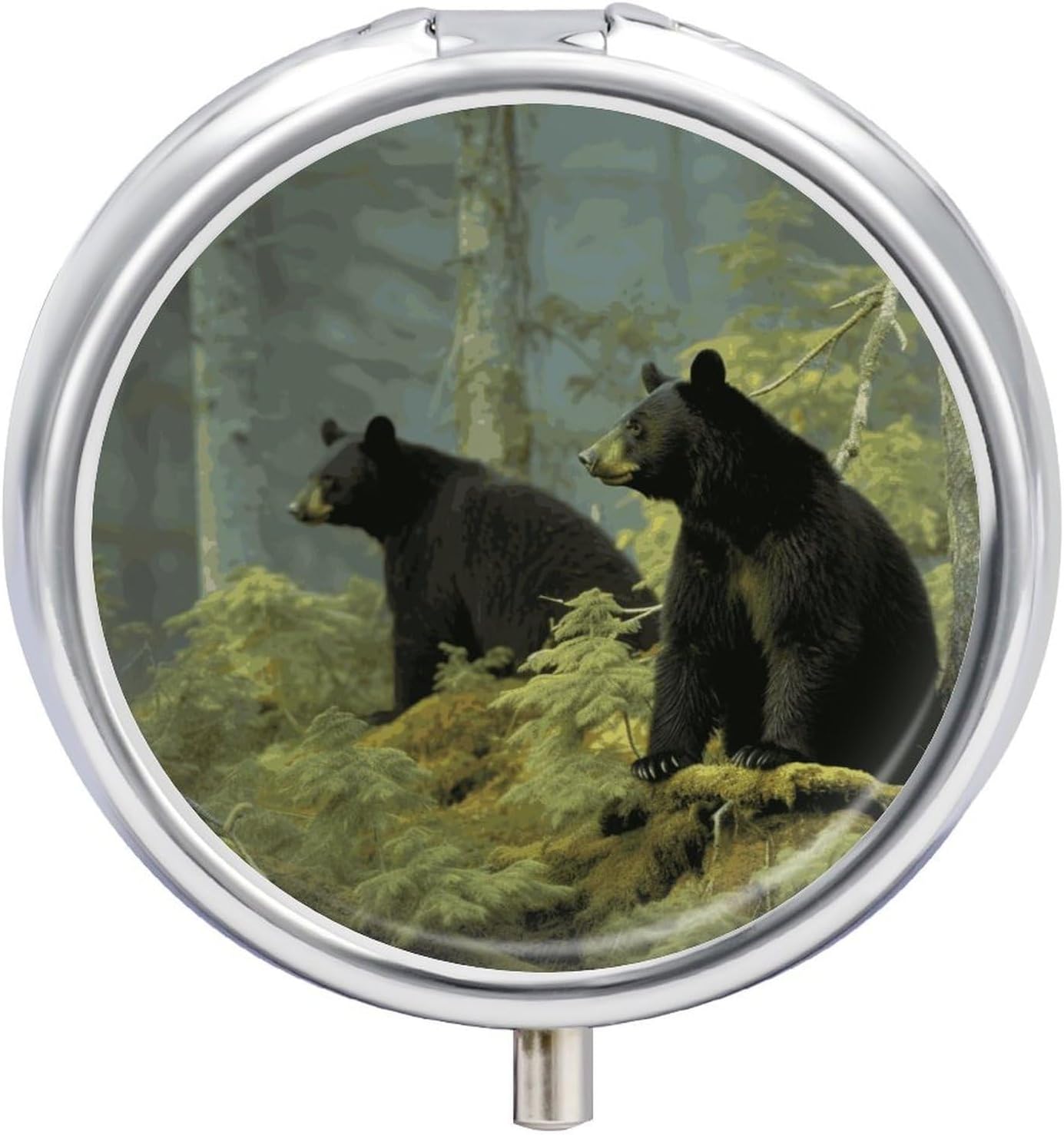 Round Pill Box 3 Compartment Black Bears Pill Case for Purse Pocket Portable Travel Pill Organizer Medicine Storage Box Small Metal Pill Container Holder to Hold Vitamins Fish Oil