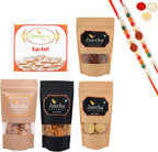 Ghasitaram Gifts Rakhi Gifts for Brothers Best of 5 Butter Chakli Sticks Pouch, Coin Biscuits Pouch, Methi Mathi Pouch, Peri Peri Almonds Pouch, Kaju katli Box with with 2 Rudraksh Rakhis