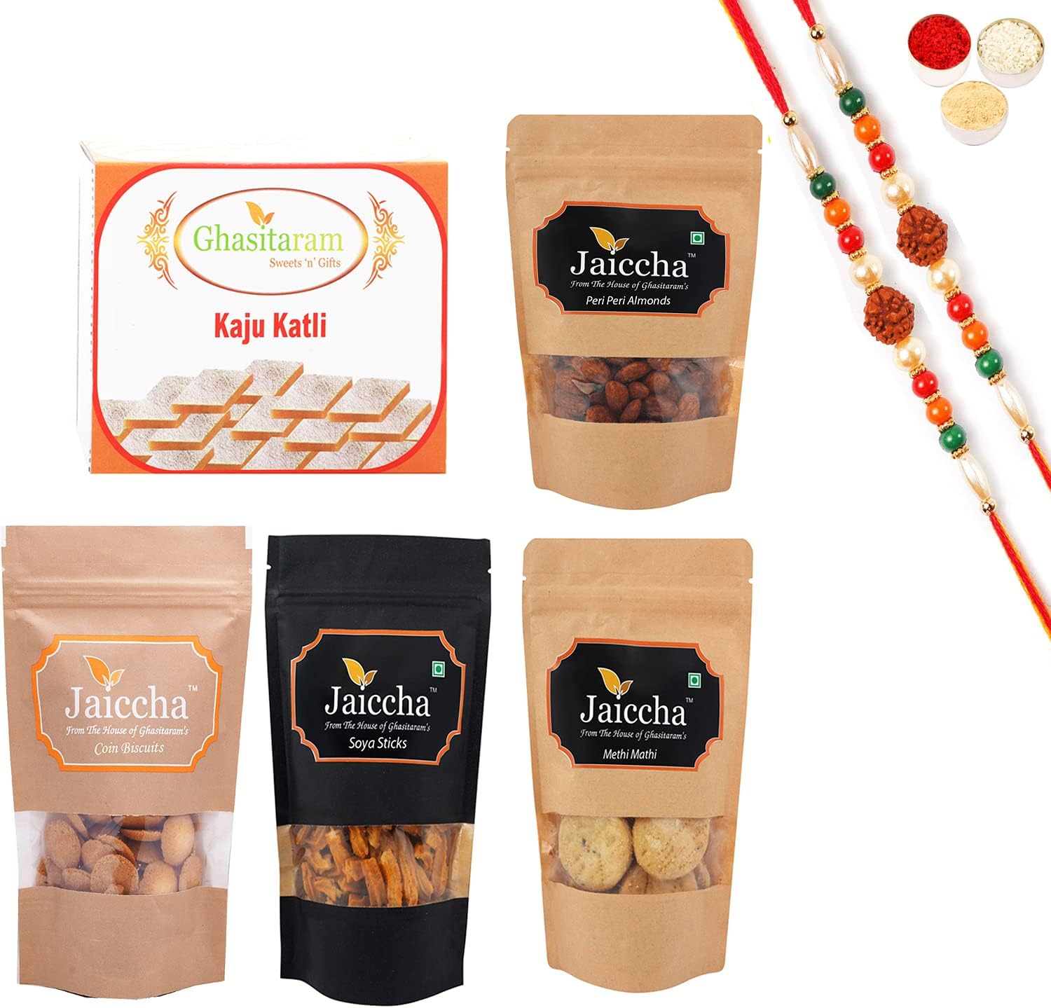 Ghasitaram Gifts Rakhi Gifts for Brothers Best of 5 Butter Chakli Sticks Pouch, Coin Biscuits Pouch, Methi Mathi Pouch, Peri Peri Almonds Pouch, Kaju katli Box with with 2 Rudraksh Rakhis