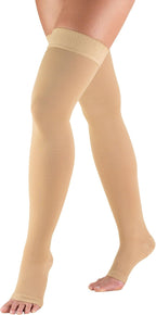 Truform 30-40 mmHg Compression Stockings for Men and Women, Thigh High Length, Dot-Top, Open Toe, Beige, Medium