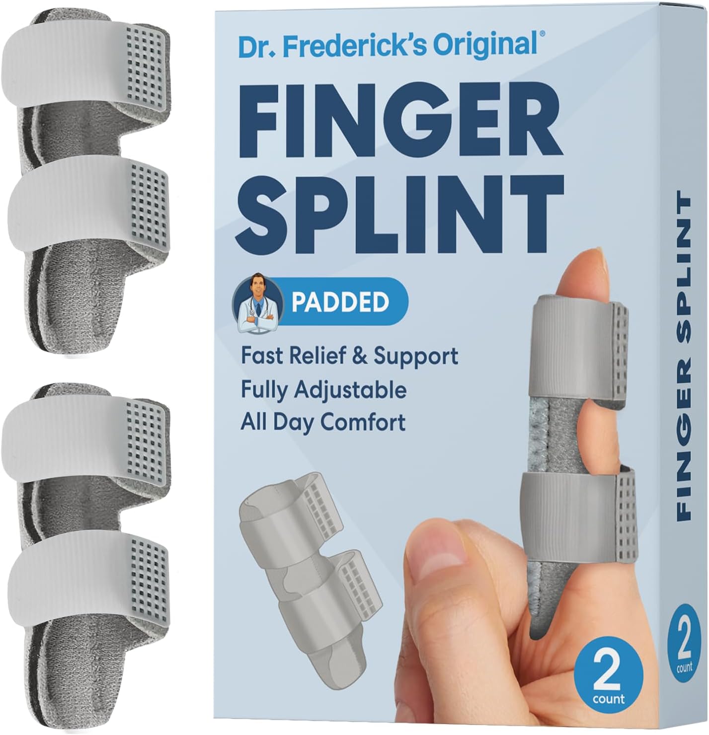 Dr. Frederick's Trigger Finger Splint - 2 ct - HSA/FSA - Index, Middle & Ring Fingers - Padded Brace for Arthritis, Mallet Finger, Tendonitis - Adjustable, Doctor-Developed - Regular Gray