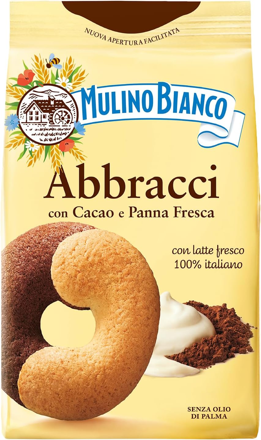 Mulino Bianco Abbracci 12.35oz (350g) – Authentic Italian Biscuits with Cocoa and Cream – Perfect Snack or Coffee Companion – Made with Natural Ingredients and No Palm Oil