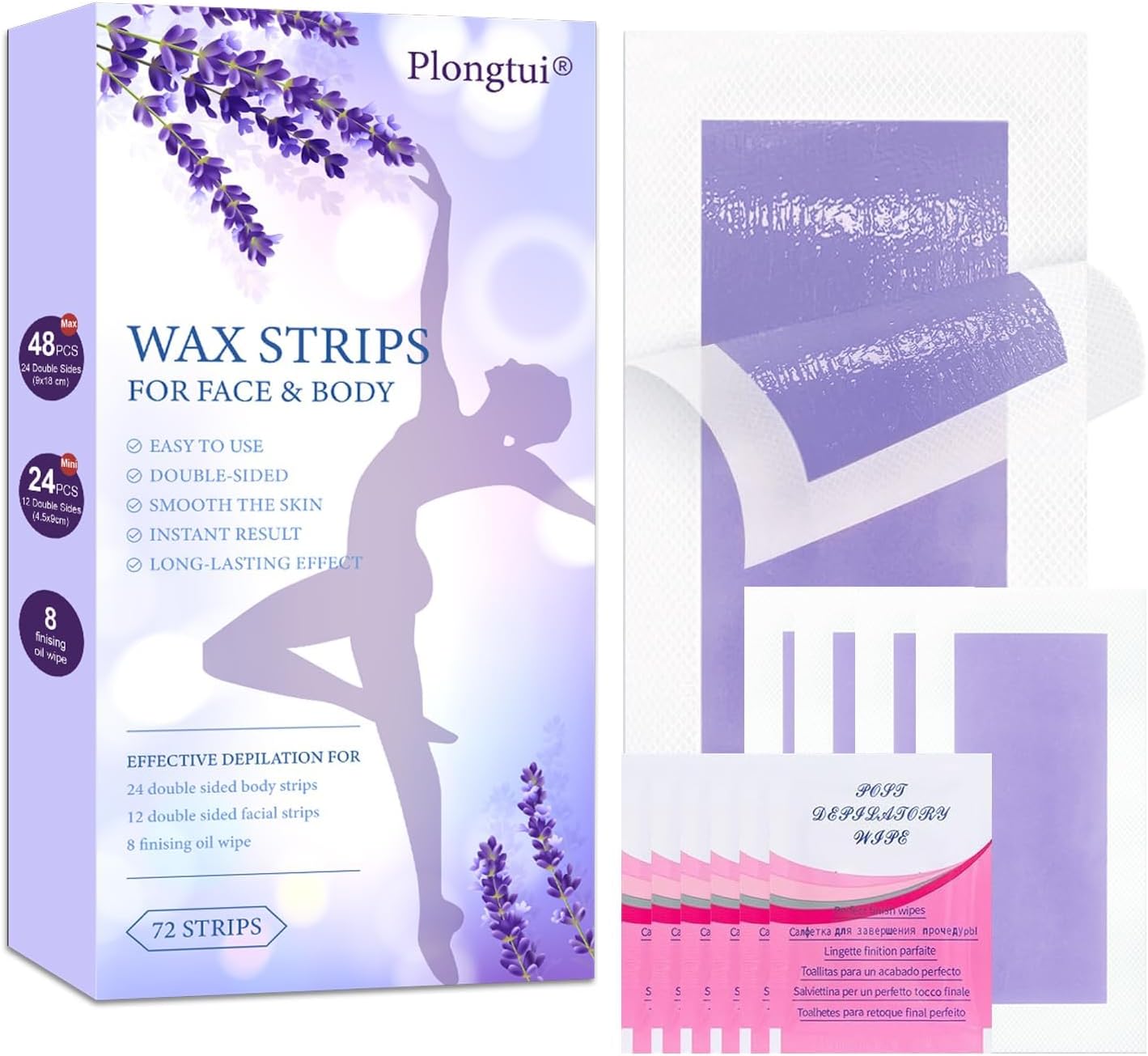 72PCS Wax Strips for Hair Removal for Women & Men - Waxing for Women - 48 Body & 27 Facial Wax Strips for Face, Arms, Legs, Underarms