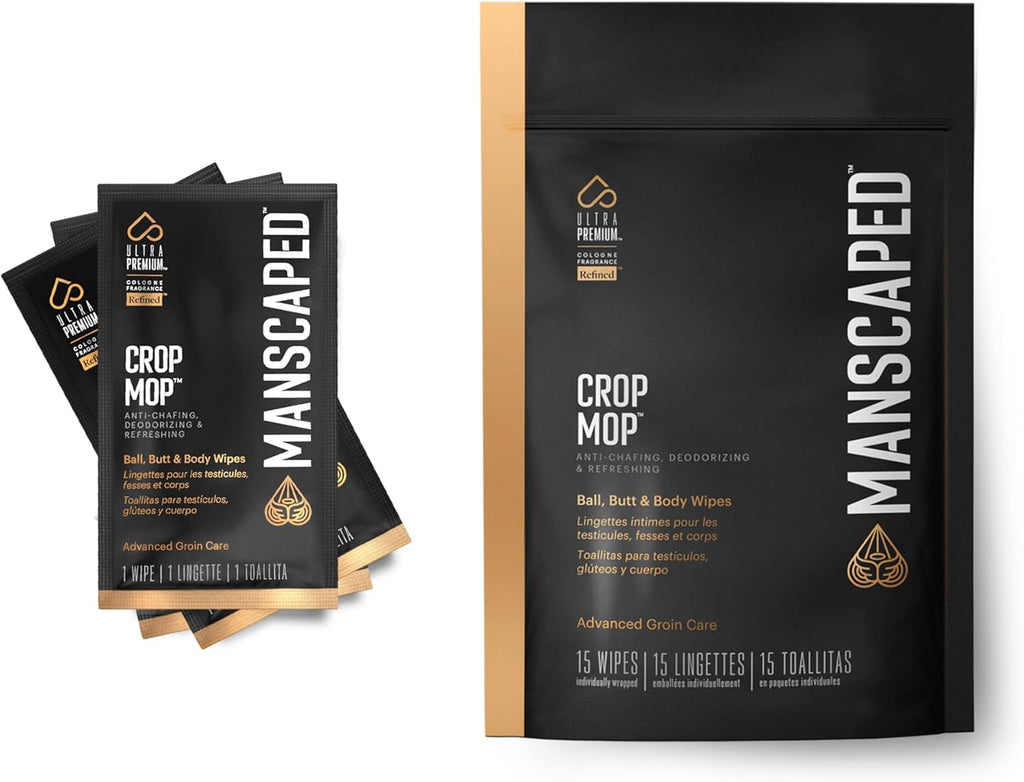 MANSCAPED® Crop Mop® On-The-Go Individually Wrapped Ball Wipes, Anti-Chafing Male Hygiene Body Wipes, Cleaning Wipe Designed for The Male Groin Area with Refreshing and Cooling Aloe Vera, 15 Pack