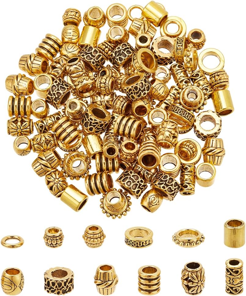 NBEADS 120 Pcs Alloy Hair Bead, 12 Styles Tibetan Gold Spacer Beads Large Hole Dreadlock Beads Beard Beads Metal Loose Beads for Hair Braids Decoration Bracelet Necklace Jewelry Making, Hole: 3.5~7mm
