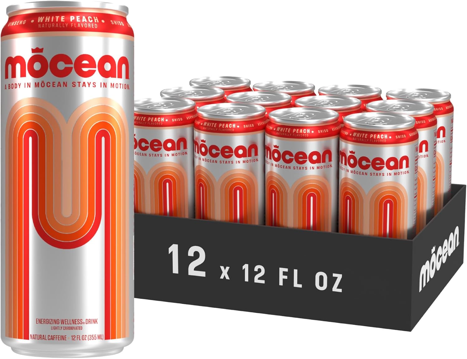 MŌCEAN White Peach Energy Drink, 12-Pack (12 fl oz) Clean Adult Energy Drink with 130mg Natural Caffeine, Adaptogens & Minerals, No Taurine, No Sucralose, No Candy Flavors