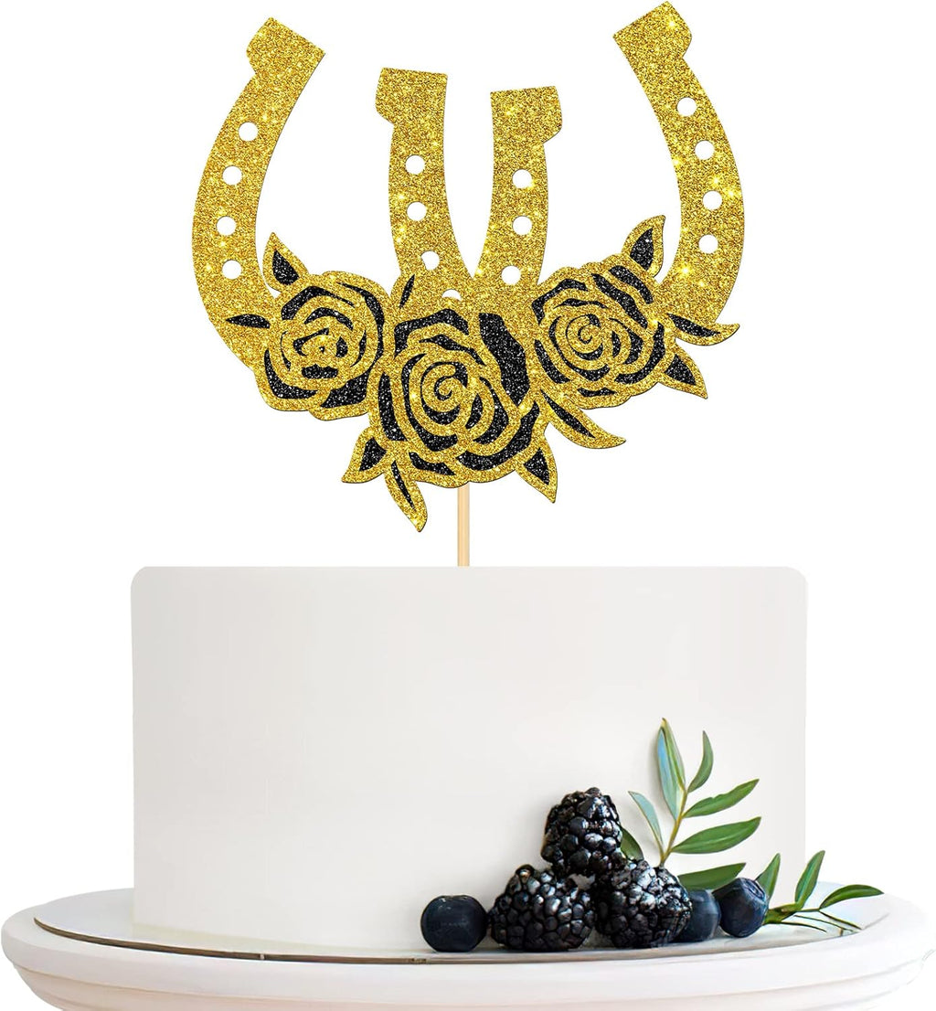 Horseshoe Birthday Cake Topper, Western Theme Cake Topper, Racing Horse, Western Wedding Party Cake Decorations Gold Glitter