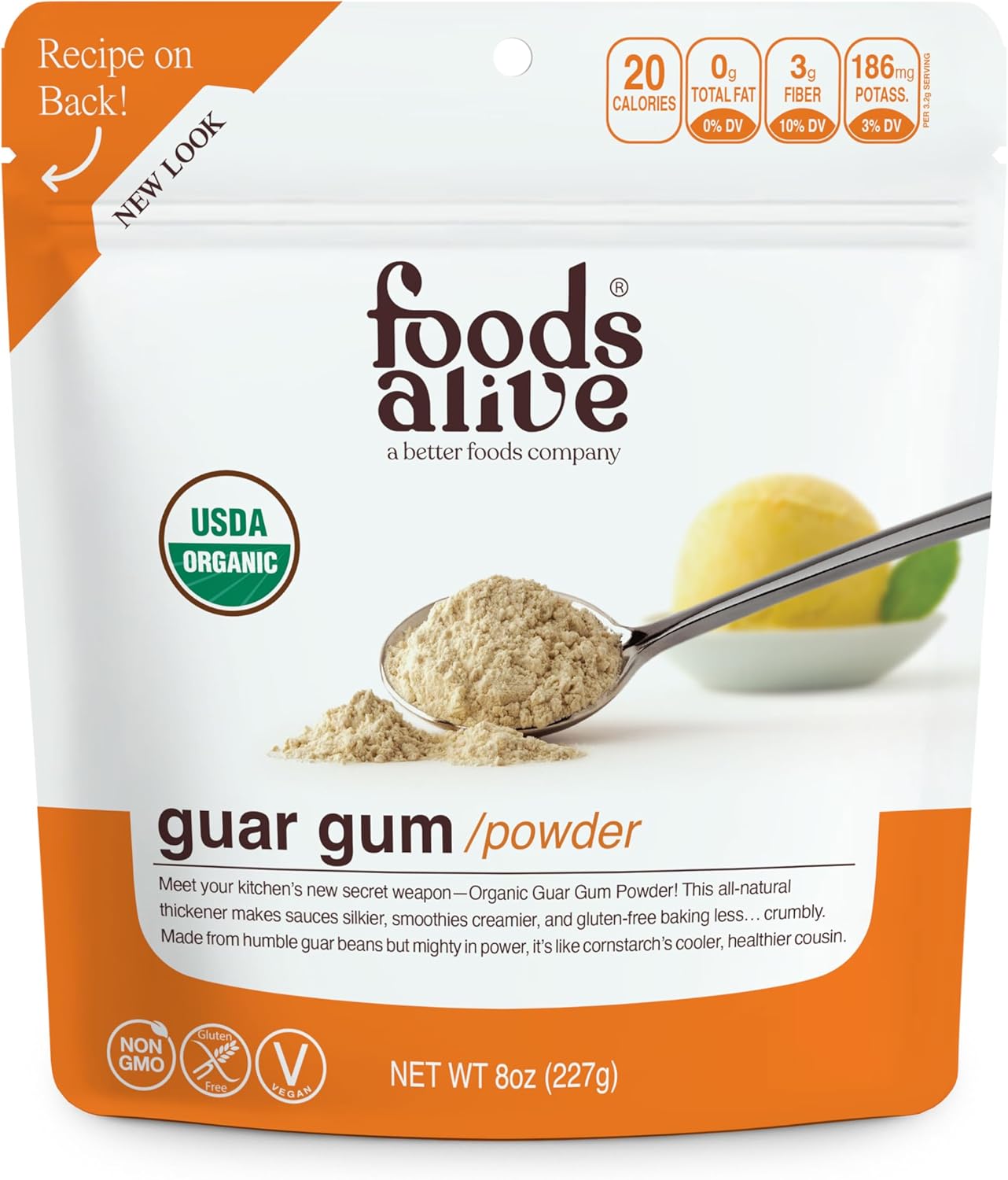 Foods Alive Organic Guar Gum Powder, Plant Based Thickening Agent, Gluten Free Binder, Kosher Gelatin, Vegan, Substitute Xanthan Gum, 8 oz.