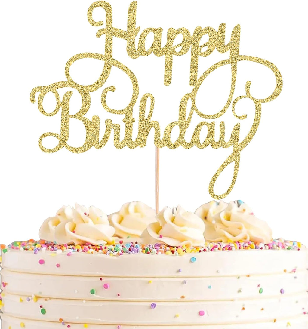 Happy Birthday Cake Topper - Gold Glitter Happy Birthday Cake Bunting Decor - Bday Party Cake Decoration Supplies, for Photo Booth Props