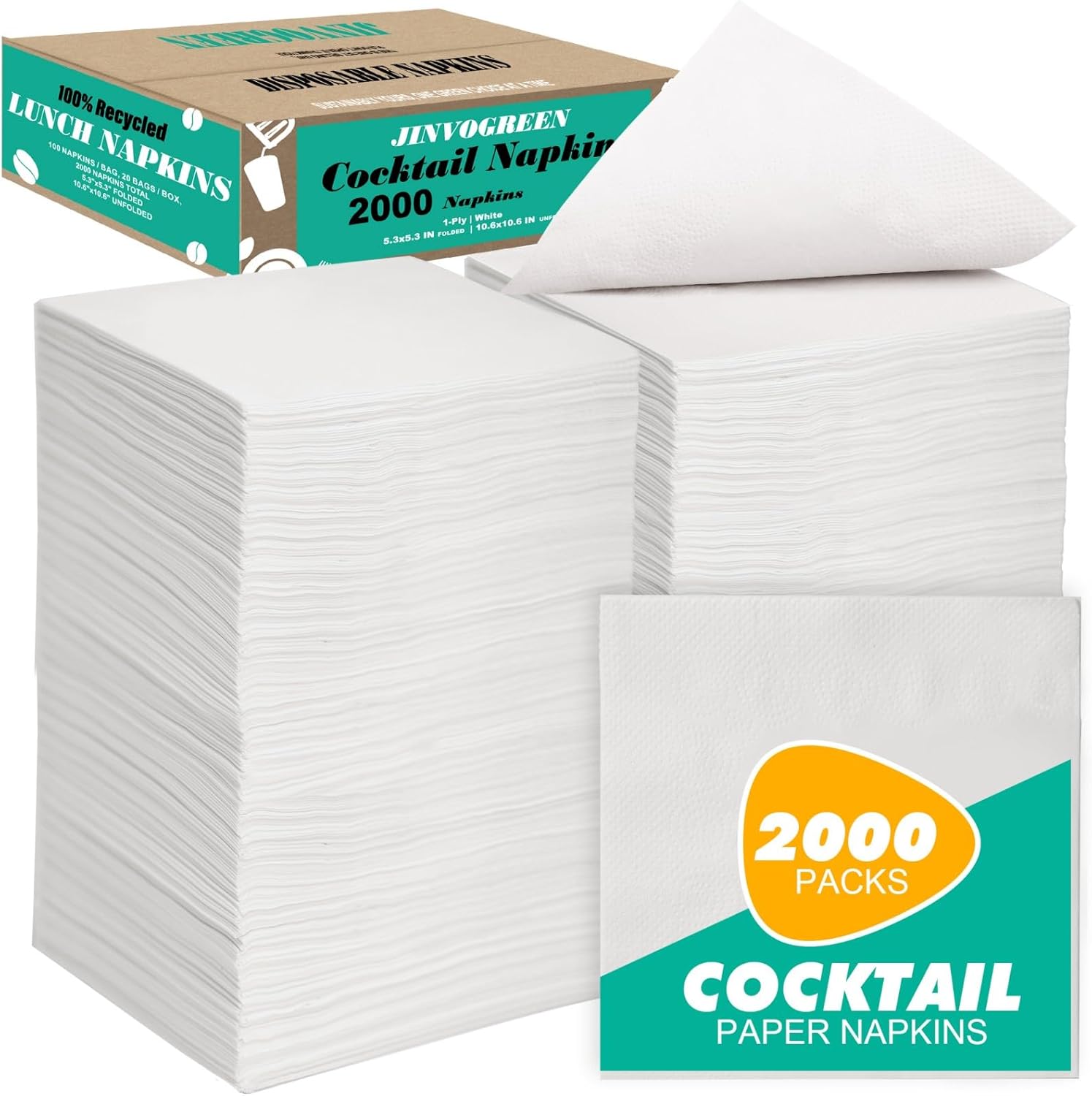 JINVOGREEN 2000 Count Cocktail Napkins Bulk 1-Ply White Beverage Paper Napkins Disposable for Bars, Lunch, Parties, Restaurant and Everyday Use - 5.3 x 5.3 Inch Folded