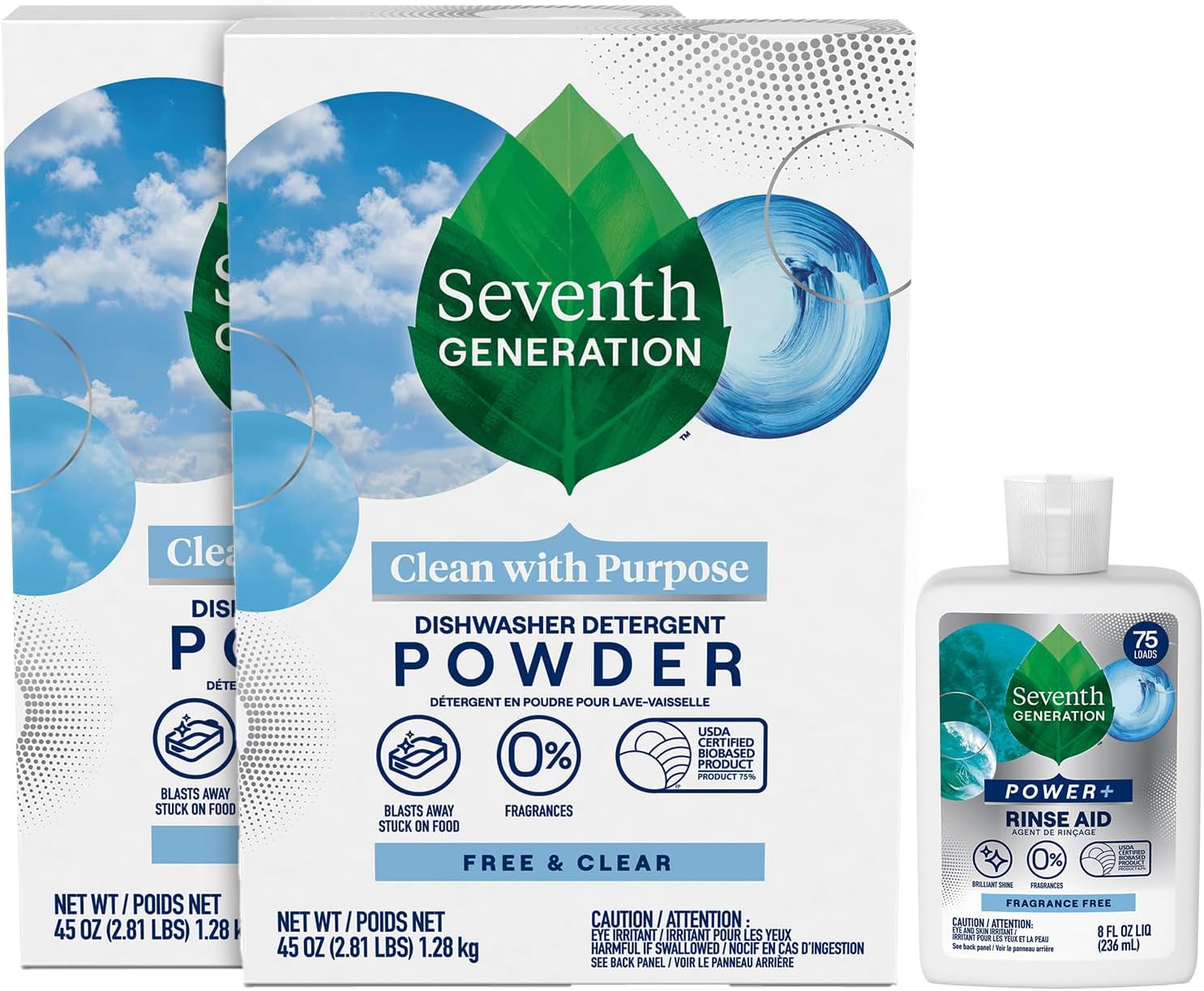 Seventh Generation Dishwasher Detergent Powder 2-Pack + Rinse Aid, Free & Clear, Biodegradable, Plant-Based & Fragrance-Free, Septic Safe